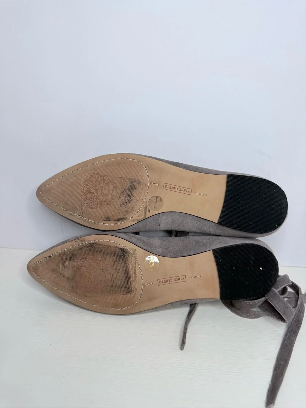 Vince Camuto Taupe Suede Pointed Toe Lace-Up Flats